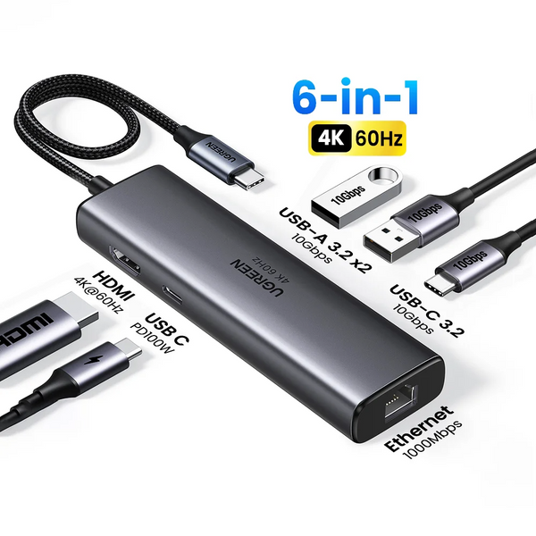 Adaptador HUB Ugreen Power Delivery 100W - HDMI 2.0 4K60Hz - USB-C e USB-A 3.2 - RJ45 1000Mbps