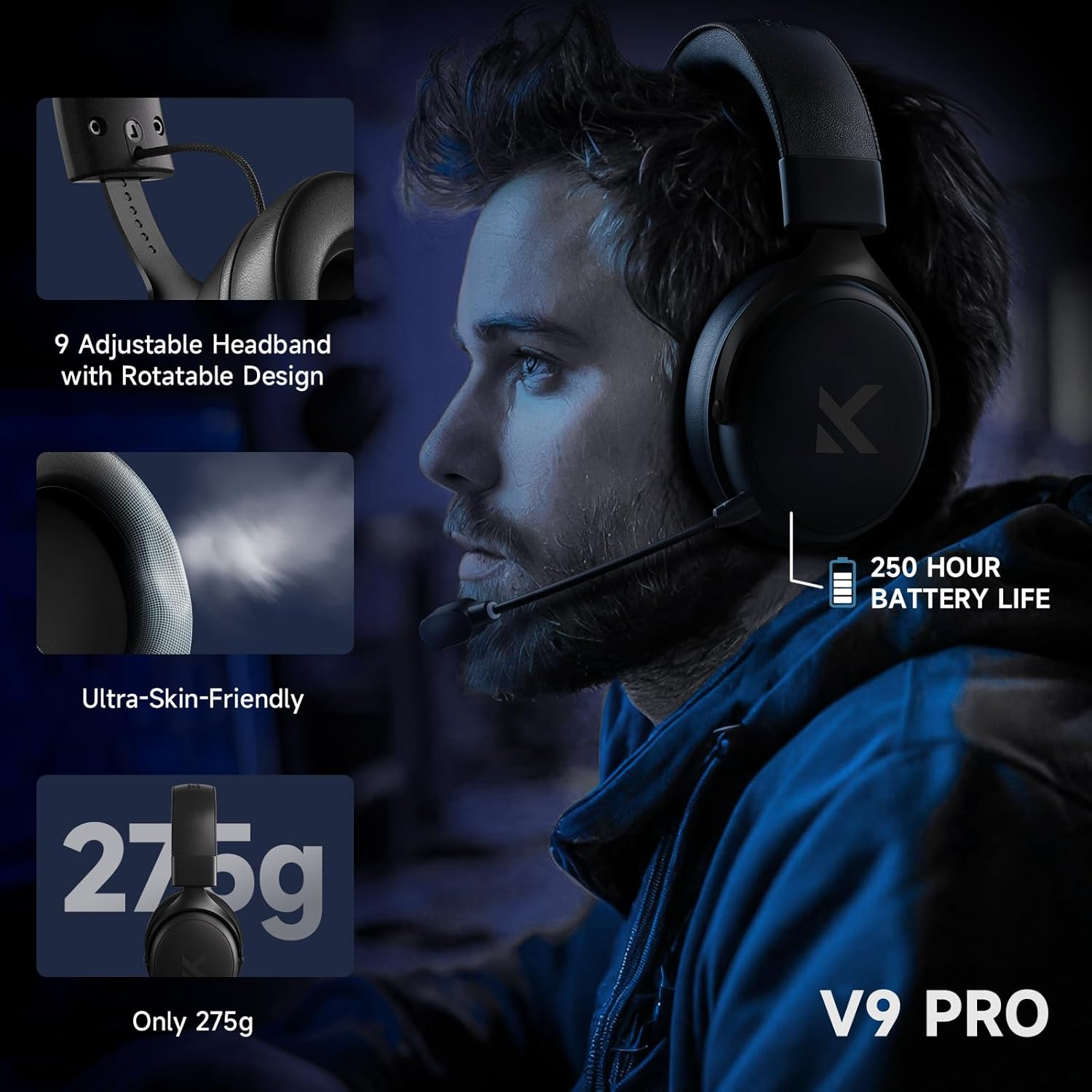 Headset Mchose V9 Pro - Bluetooth 5.3 - 2.4GHz e Cabo, Som 7.1 Hi-Res, Microfone com Redutor de Ruído, 15ms LL, Bateria 250h
