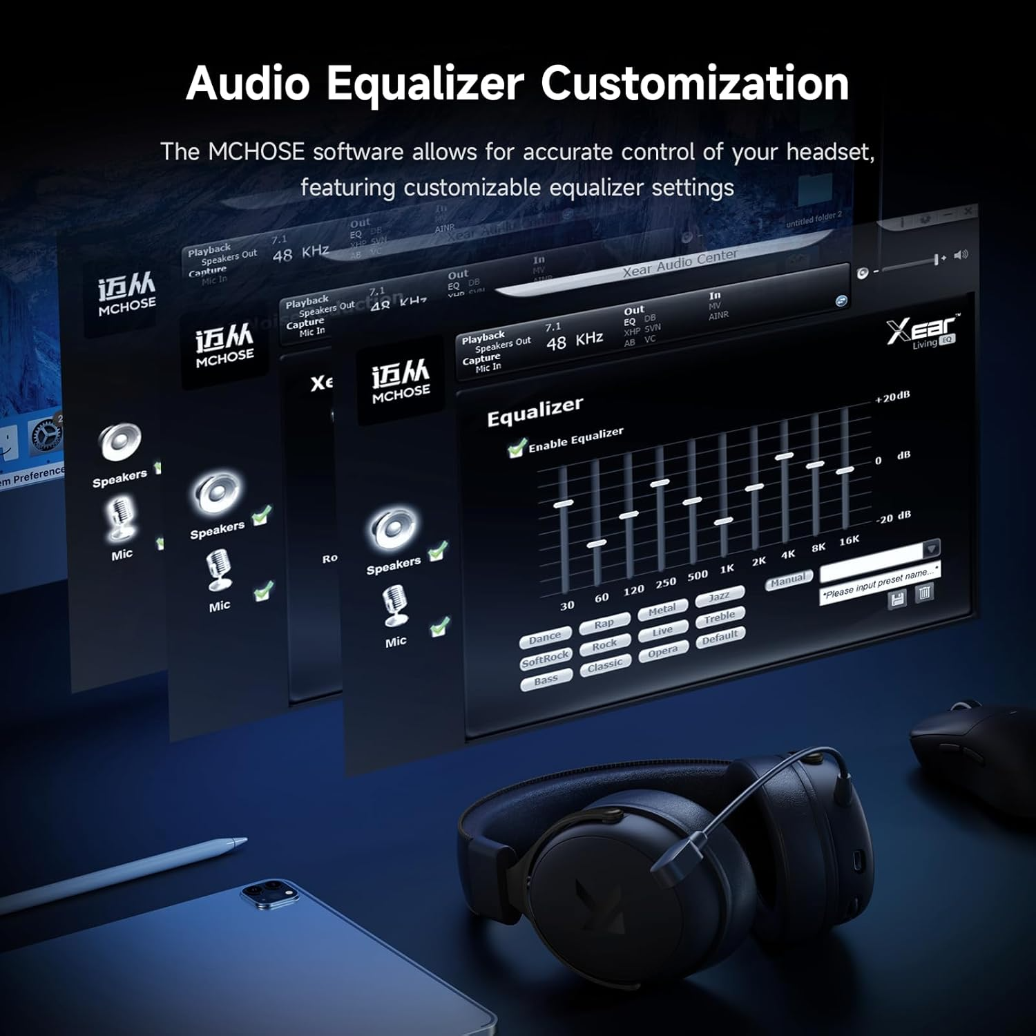 Headset Mchose V9 Pro - Bluetooth 5.3 - 2.4GHz e Cabo, Som 7.1 Hi-Res, Microfone com Redutor de Ruído, 15ms LL, Bateria 250h