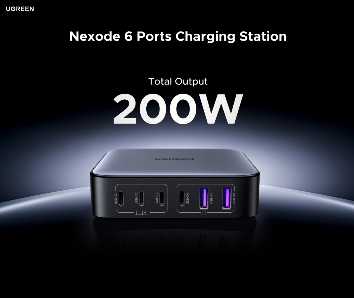 Estação de Carga Ugreen NEXODE PD/QC 3.0 GAN 200W - 4 Portas USB-C e 2 Portas USB-A